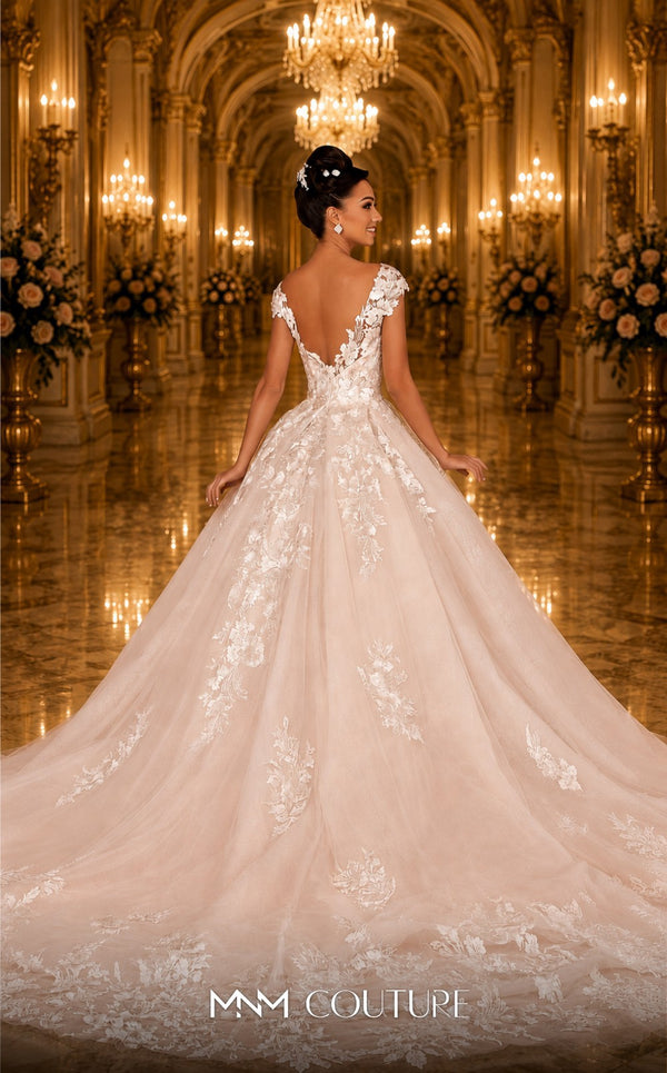 MNM Couture W2109 off-shoulder corset princess gown with lace appliques and layered tulle design. | Couture Shop LA