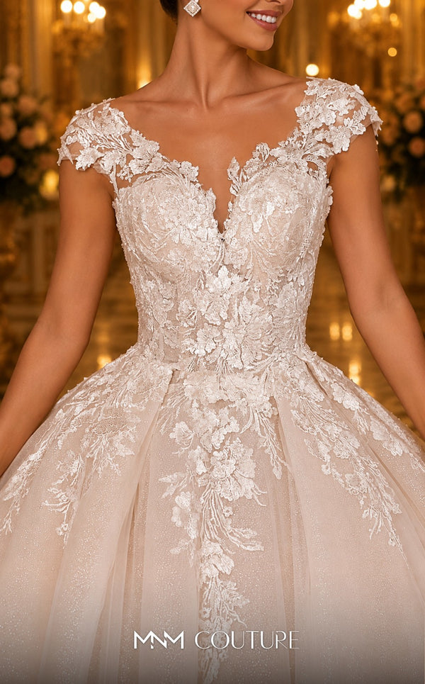 MNM Couture W2109 off-shoulder corset princess gown with lace appliques and layered tulle design. | Couture Shop LA
