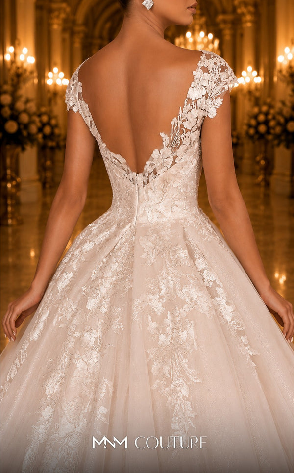 MNM Couture W2109 off-shoulder corset princess gown with lace appliques and layered tulle design. | Couture Shop LA