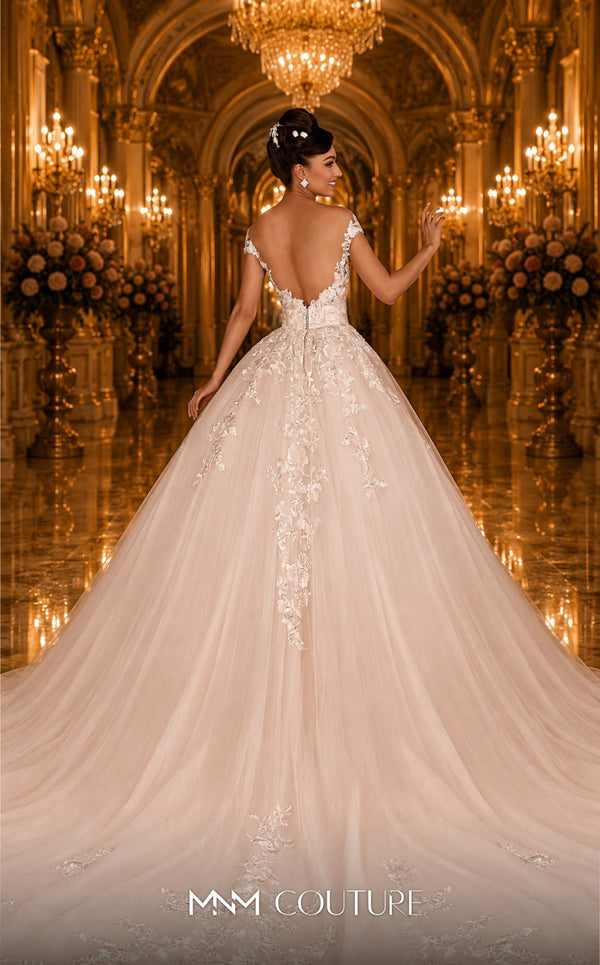 MNM Couture W2110 drop-shoulder princess gown with lace and bead embellishments. | Couture Shop LA