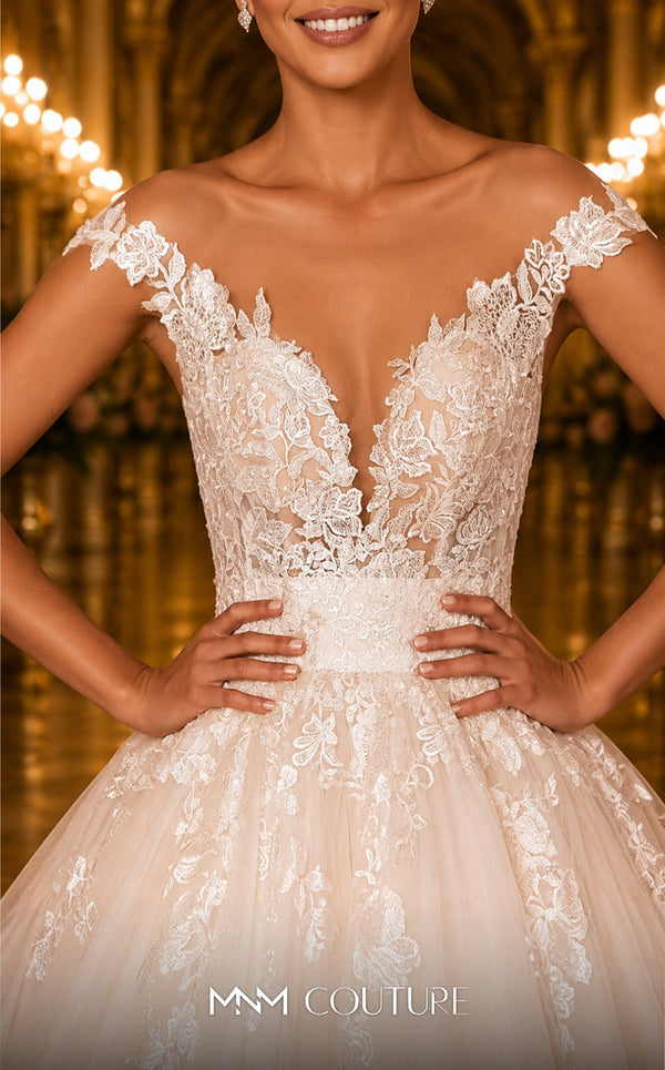 MNM Couture W2110 drop-shoulder princess gown with lace and bead embellishments. | Couture Shop LA