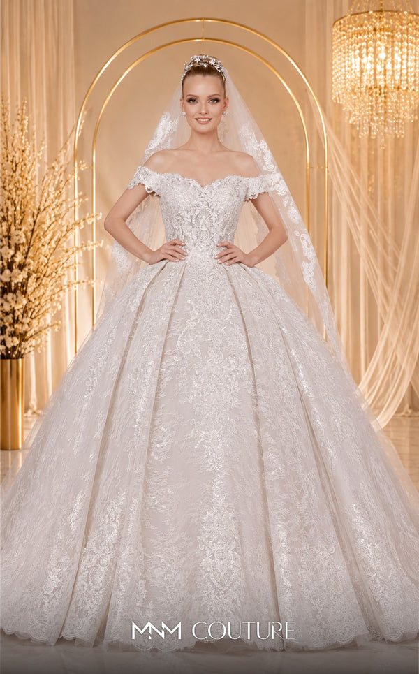 MNM Couture W2111 off-shoulder princess gown with corset and layered tulle-lace skirt trim. | Couture Shop LA