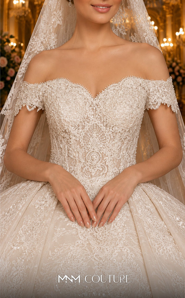 MNM Couture W2111 off-shoulder princess gown with corset and layered tulle-lace skirt trim. | Couture Shop LA