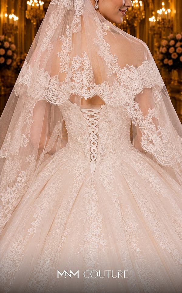 MNM Couture W2111 off-shoulder princess gown with corset and layered tulle-lace skirt trim. | Couture Shop LA