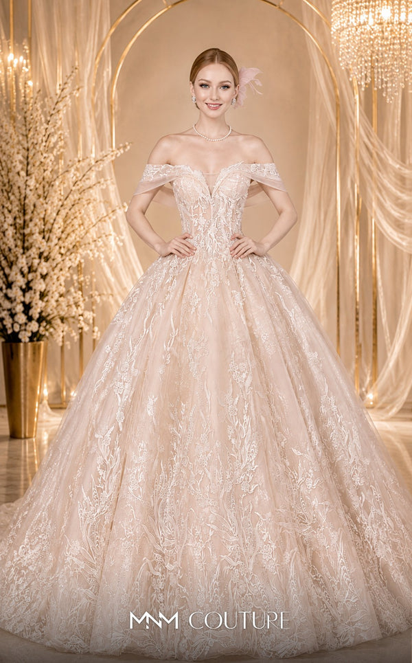 MNM Couture W2112 off-shoulder princess dress with corset bodice and intricate lace detailing. | Couture Shop LA