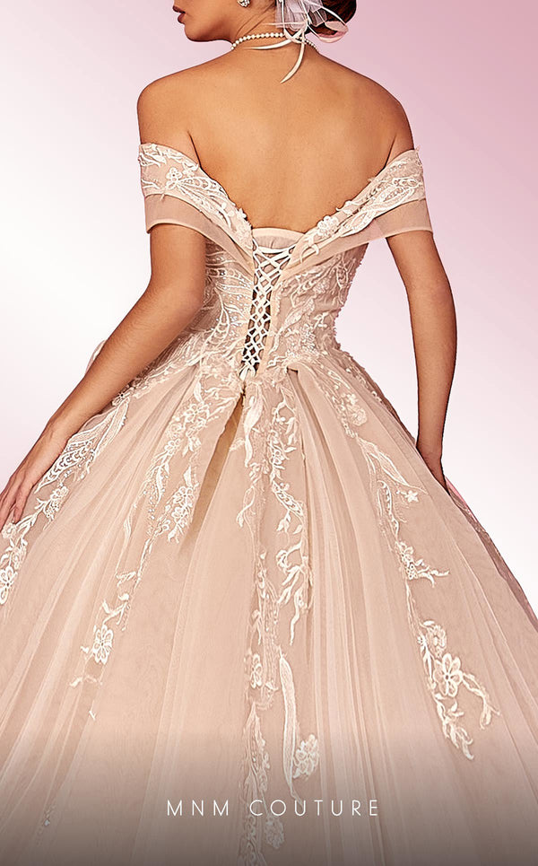 MNM Couture W2112 off-shoulder princess dress with corset bodice and intricate lace detailing. | Couture Shop LA