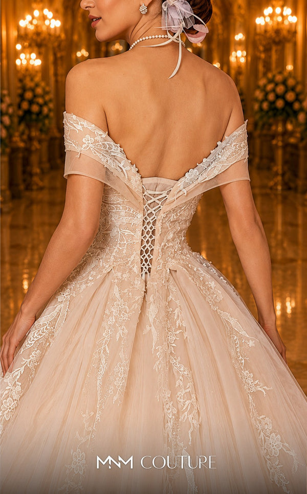 MNM Couture W2112 off-shoulder princess dress with corset bodice and intricate lace detailing. | Couture Shop LA