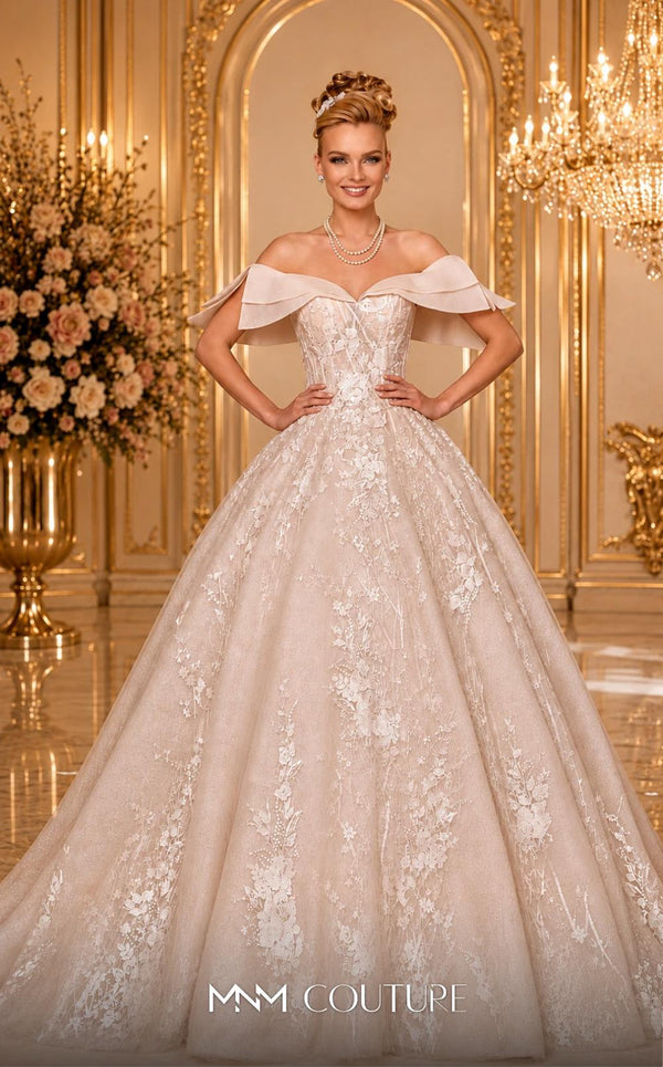 MNM Couture W2114 off-shoulder A-line gown with layered lace and beaded detailing. | Couture Shop LA