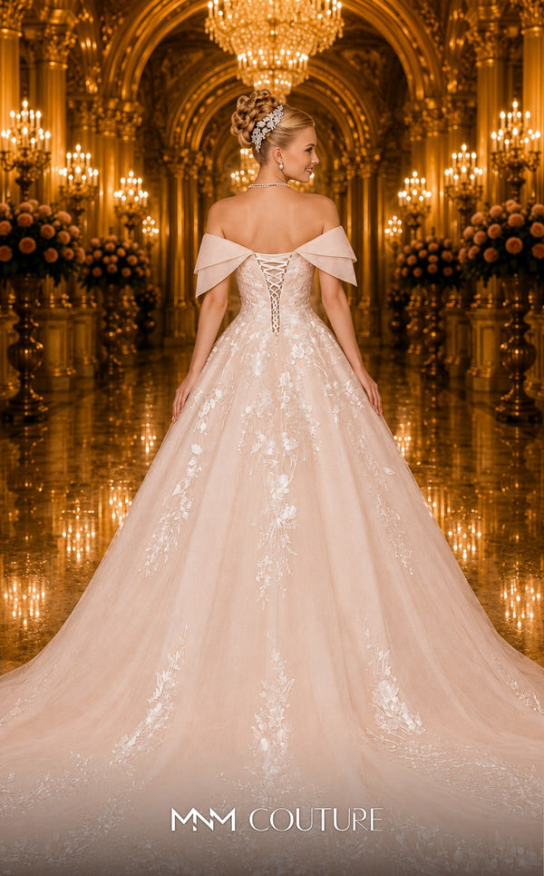 MNM Couture W2114 off-shoulder A-line gown with layered lace and beaded detailing. | Couture Shop LA