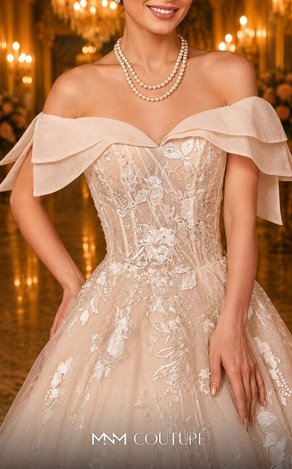 MNM Couture W2114 off-shoulder A-line gown with layered lace and beaded detailing. | Couture Shop LA