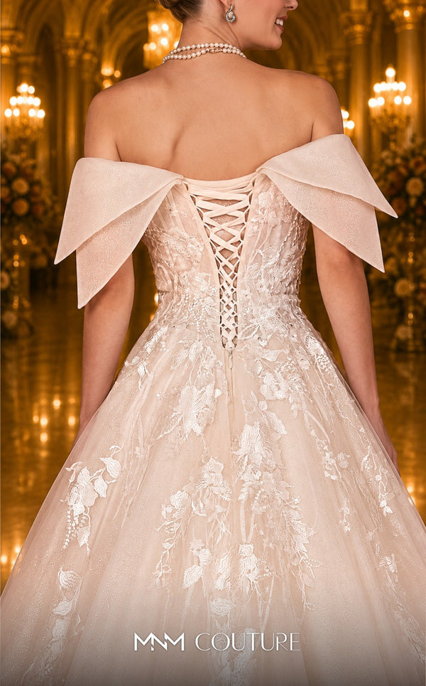 MNM Couture W2114 off-shoulder A-line gown with layered lace and beaded detailing. | Couture Shop LA