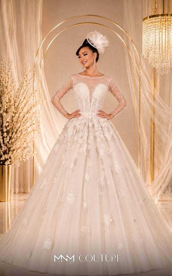MNM Couture W2116 princess gown with 3D lace flowers, tulle layers, and intricate beaded sleeves. | Couture Shop LA