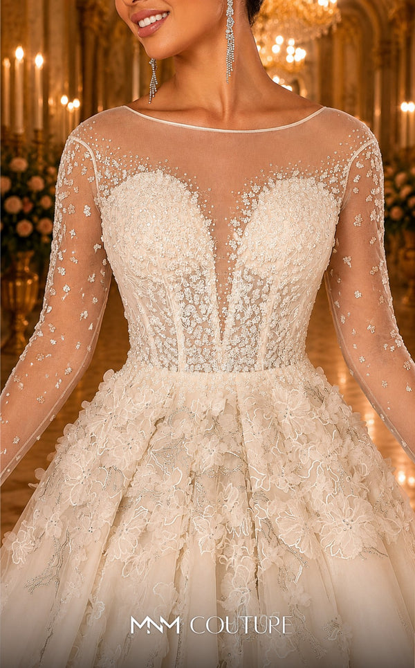 MNM Couture W2116 princess gown with 3D lace flowers, tulle layers, and intricate beaded sleeves. | Couture Shop LA