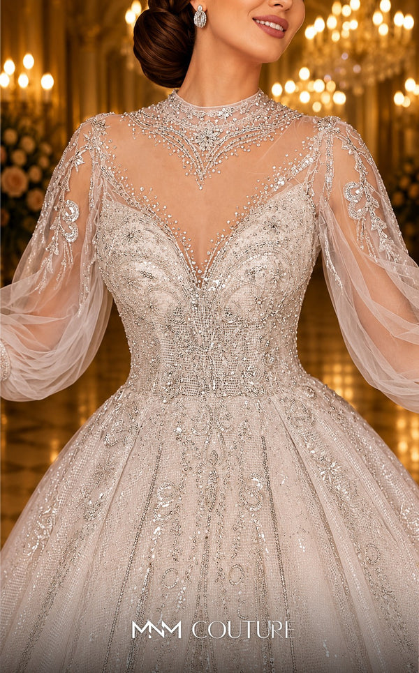 MNM Couture W2117 princess gown with puffed sleeves, shiny tulle, and beaded accents. | Couture Shop LA