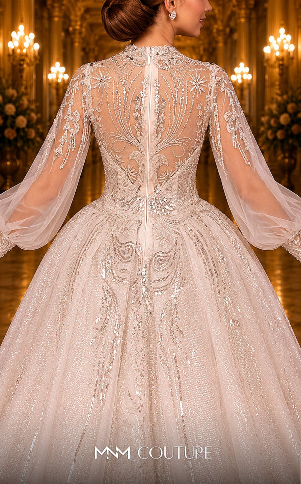 MNM Couture W2117 princess gown with puffed sleeves, shiny tulle, and beaded accents. | Couture Shop LA