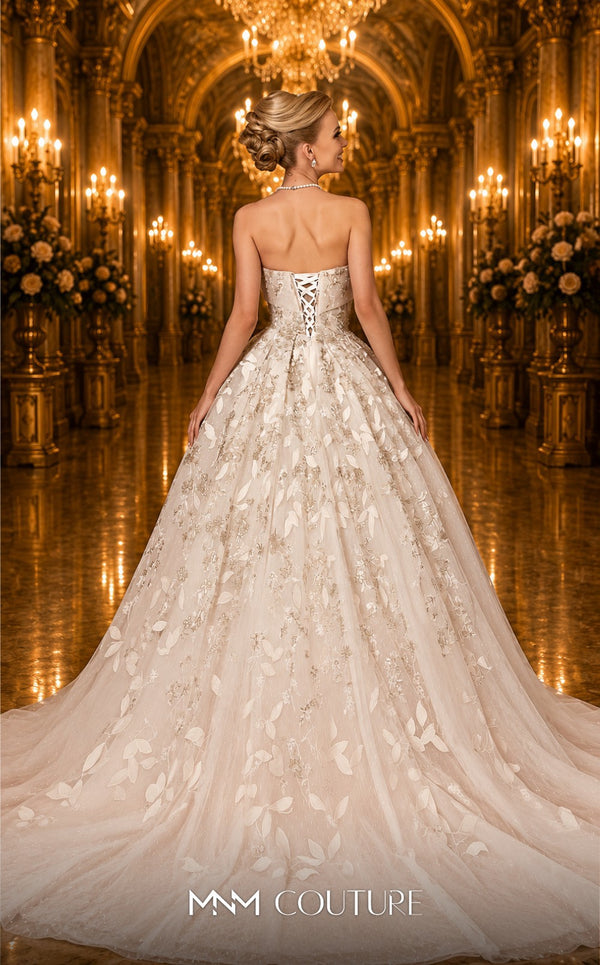MNM Couture W2118 strapless princess gown with tulle layers, embroidery, and delicate bead trim. | Couture Shop LA