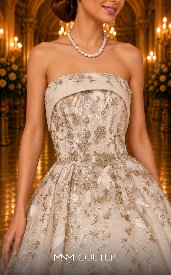 MNM Couture W2118 strapless princess gown with tulle layers, embroidery, and delicate bead trim. | Couture Shop LA