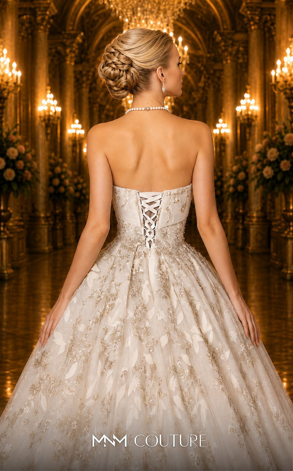 MNM Couture W2118 strapless princess gown with tulle layers, embroidery, and delicate bead trim. | Couture Shop LA