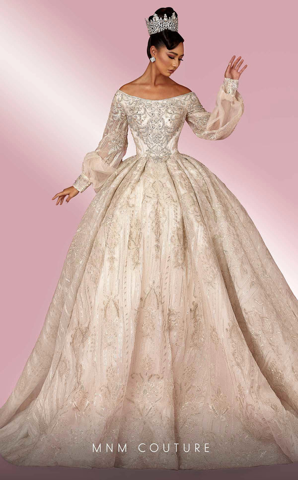 MNM Couture W2120 off-shoulder princess gown with lace and beaded puff sleeves. | Couture Shop LA