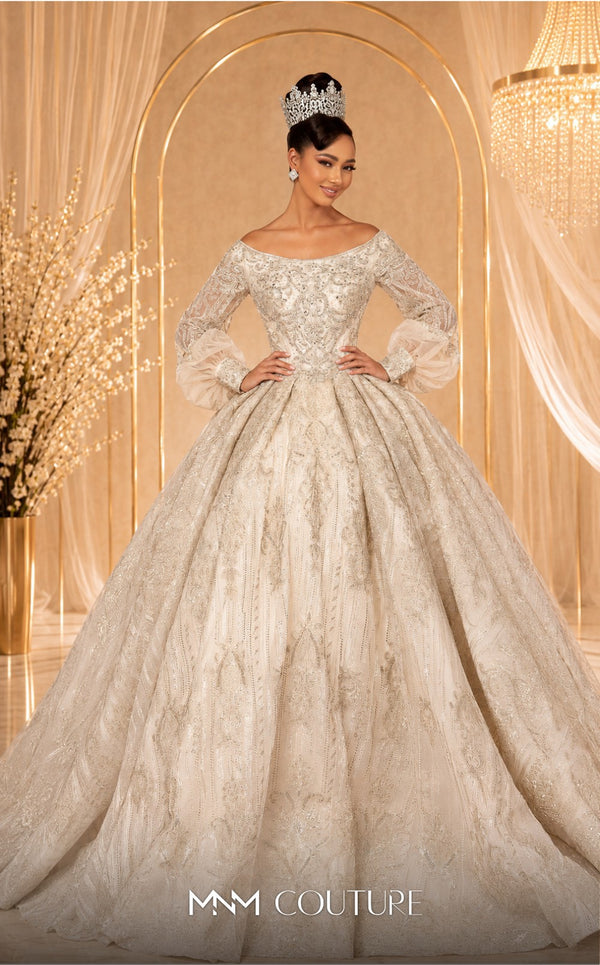 MNM Couture W2120 off-shoulder princess gown with lace and beaded puff sleeves. | Couture Shop LA