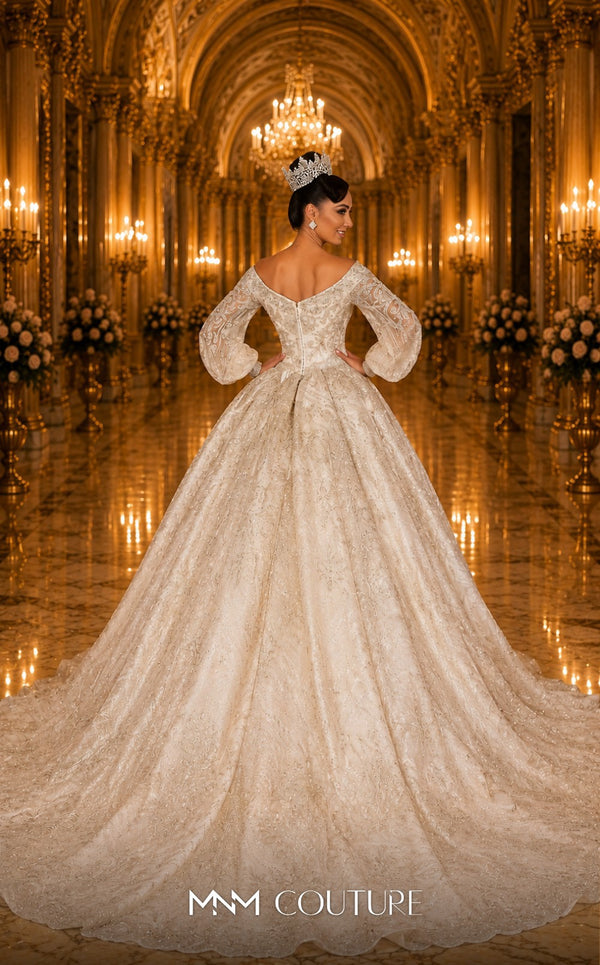 MNM Couture W2120 off-shoulder princess gown with lace and beaded puff sleeves. | Couture Shop LA
