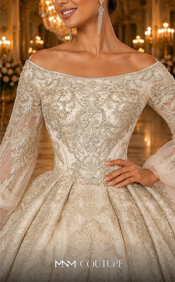 MNM Couture W2120 off-shoulder princess gown with lace and beaded puff sleeves. | Couture Shop LA