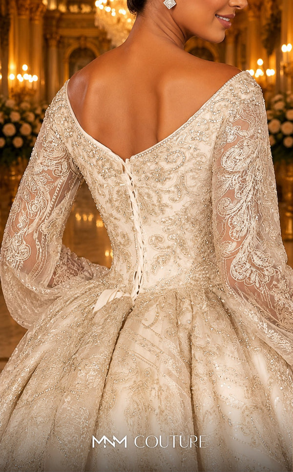 MNM Couture W2120 off-shoulder princess gown with lace and beaded puff sleeves. | Couture Shop LA