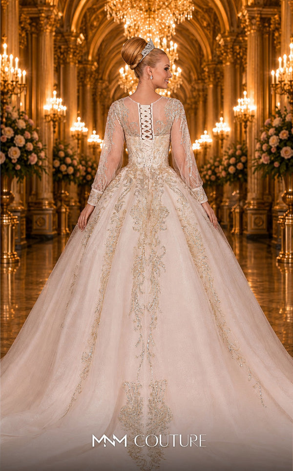 MNM Couture W2123 corset princess gown with embroidered tulle, beadwork, and long airy sleeves. | Couture Shop LA