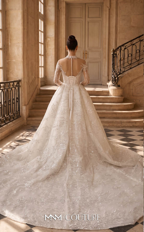 MNM Couture W2311 white ball gown wedding dress with high illusion collar and deep V front, long crystal and pearl-beaded lace sleeves with pearl button cuffs, large oval open back with ribbon bow, and front-open lace overskirt with cathedral train | Couture Shop LA