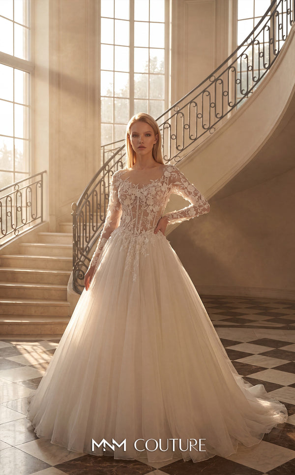 MNM Couture W2320 white ball gown wedding dress with rounded illusion bateau neckline, semi-sheer boned corset bodice, long sheer sleeves with large botanical lace appliqués, deep illusion V-back, and plain voluminous tulle skirt with cathedral train | Couture Shop LA