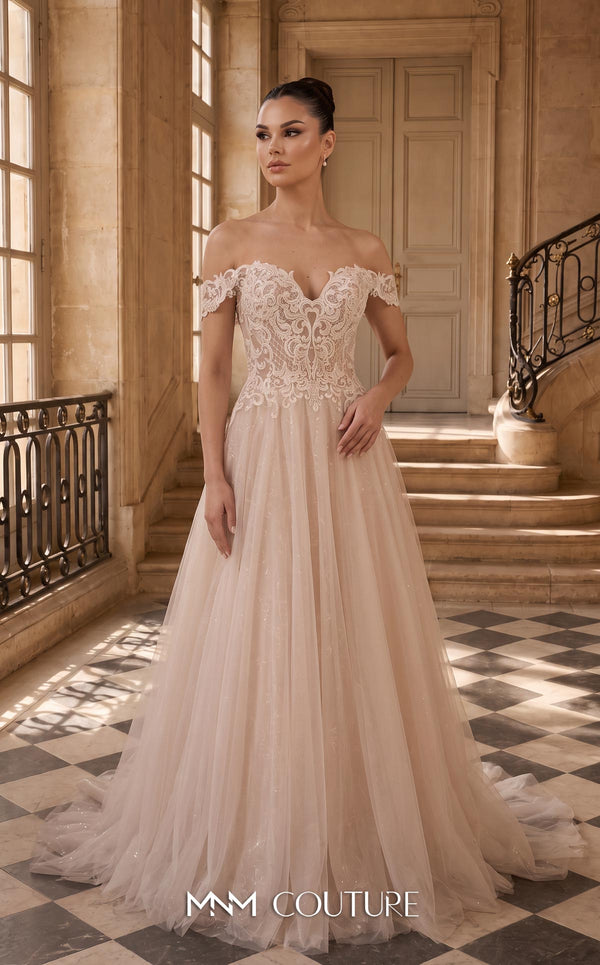 MNM Couture W3575 ivory off-shoulder sweetheart A-line wedding dress with scalloped lace neckline, short gathered flutter sleeves, raised baroque lace bodice, and sparkle glitter tulle skirt with chapel train | Couture Shop LA