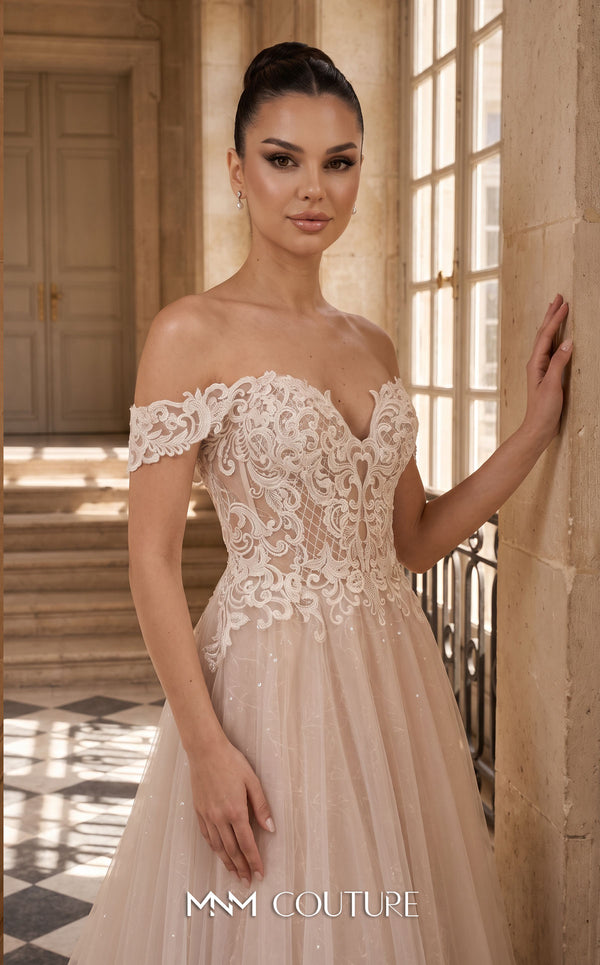 MNM Couture W3575 ivory off-shoulder sweetheart A-line wedding dress with scalloped lace neckline, short gathered flutter sleeves, raised baroque lace bodice, and sparkle glitter tulle skirt with chapel train | Couture Shop LA
