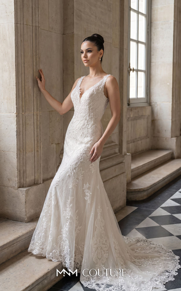 MNM Couture W3577 ivory and champagne mermaid wedding dress with all-over scrolling botanical lace, wide scalloped lace straps, deep plunging V-neckline, deep V-back with corset lace-up, and chapel train with scalloped lace border | Couture Shop LA