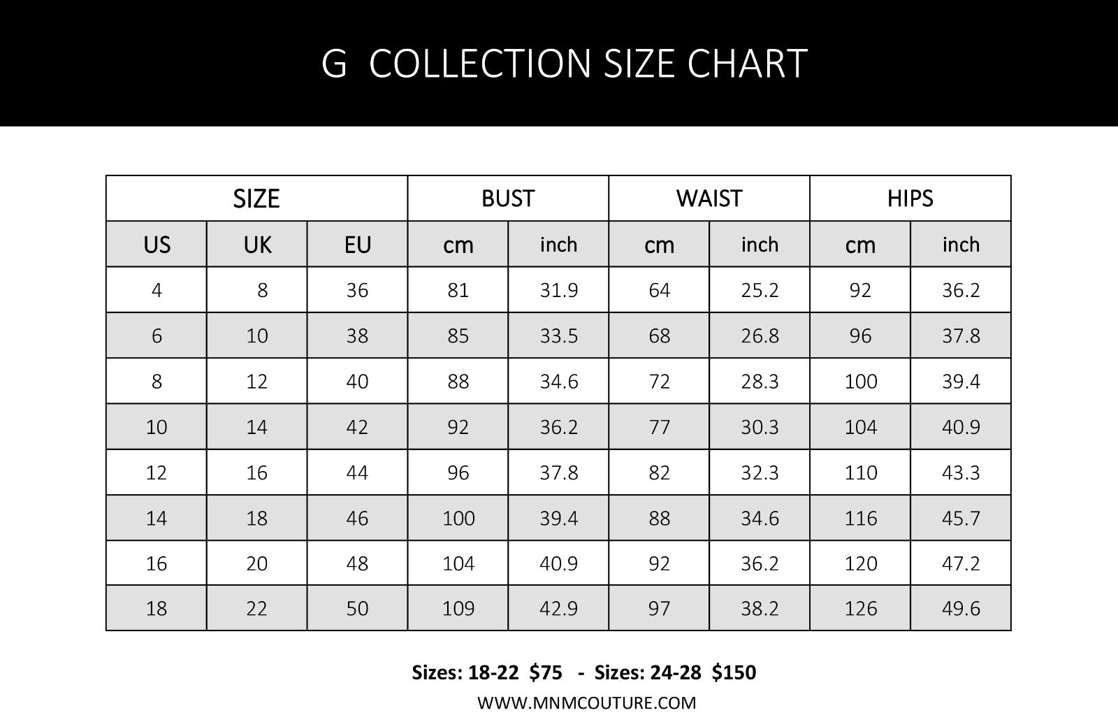 Gaby Size Chart