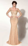 Sheer gown with sequins, quarter sleeves, wide neckline, V-back, and sheath skirt with a sweep train.