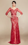 MNM Couture 0767 : Elegant Sheer Sequined Gown with Quarter Sleeves and V-Back