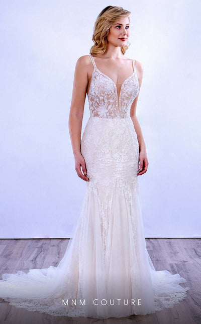 MNM Couture 10086 mermaid gown with a sheer lace adorned bodice and bold modern appeal.| Couture Shop LA