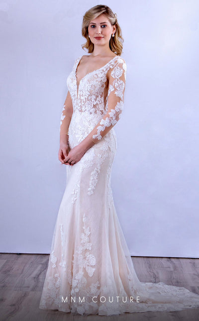 MNM Couture 10090 gown with lace-adorned bodice, sheer sleeves, and a queenly vibe.| Couture Shop LA