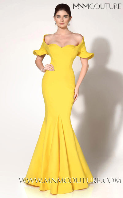 MNM Couture 2144A evening gown with off-shoulder ruffles, slimming bodice, and elegant mermaid hem.| Couture Shop LA