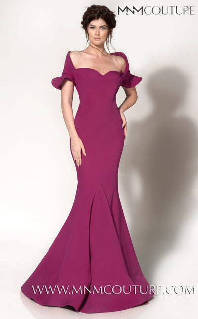 MNM Couture 2144A evening gown with off-shoulder ruffles, slimming bodice, and elegant mermaid hem.| Couture Shop LA