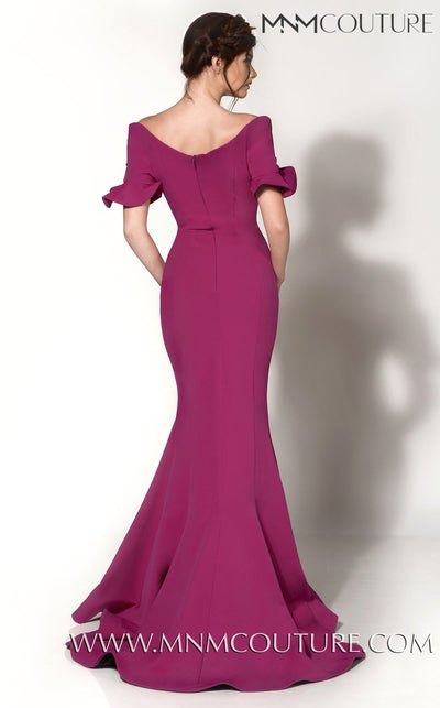 MNM Couture 2144A evening gown with off-shoulder ruffles, slimming bodice, and elegant mermaid hem.| Couture Shop LA