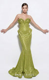 MNM Couture 2263B strapless sequin mermaid gown with sweetheart neckline, draped bust and hip detailing, and small train | Couture Shop LA.