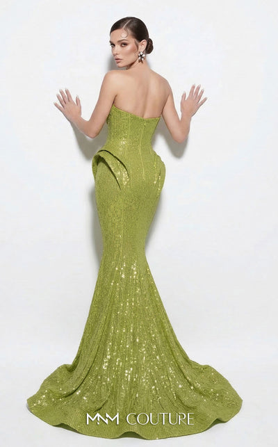 MNM Couture 2263B strapless sequin mermaid gown with sweetheart neckline, draped bust and hip detailing, and small train | Couture Shop LA.