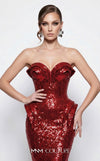 MNM Couture 2263B strapless sequin mermaid gown with sweetheart neckline, draped bust and hip detailing, and small train | Couture Shop LA.