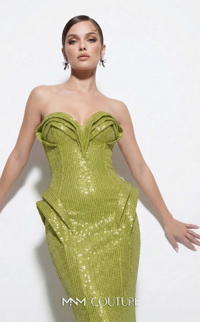 MNM Couture 2263B strapless sequin mermaid gown with sweetheart neckline, draped bust and hip detailing, and small train | Couture Shop LA.
