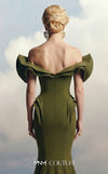 Couture Shop LA 2263C olive matte crepe mermaid gown with sculptural off-shoulder petal caps, deep sweetheart neckline, angular hip panels, and trumpet skirt with sweeping train | Couture Shop LA