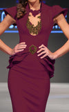MNM Couture 2295 gown with cap sleeves, gilded neckline, embellished peplum, and floor-length train.| Couture Shop LA