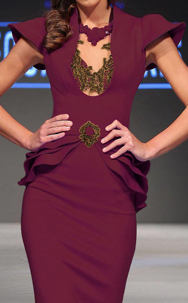 MNM Couture 2295 gown with cap sleeves, gilded neckline, embellished peplum, and floor-length train.| Couture Shop LA