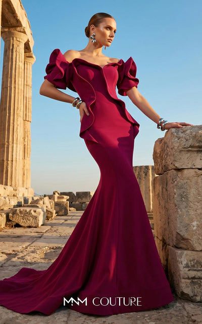 MNM Couture 2328 off-shoulder gown with ruffled details, sweetheart neckline, and flowing mermaid hem.| Couture Shop LA