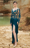 MNM Couture 2356 fringed gown with an invisible neckline, lace appliques, and floating fringe details.| Couture Shop LA